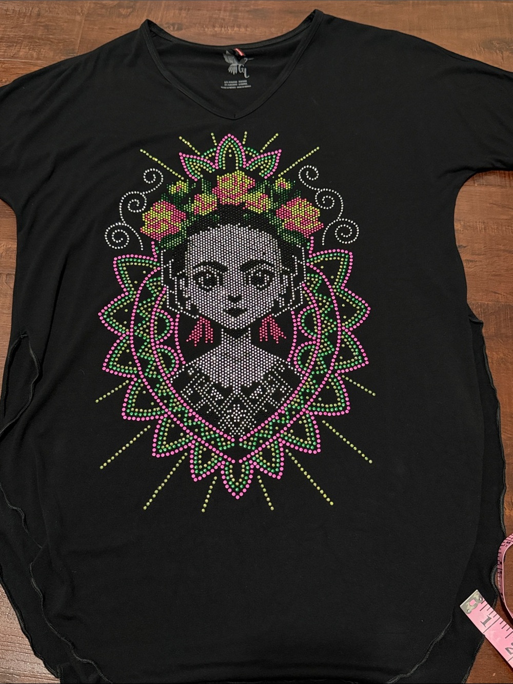 Frida Kahlo V-Neck Graphic Tunic Top with Floral Embellishment